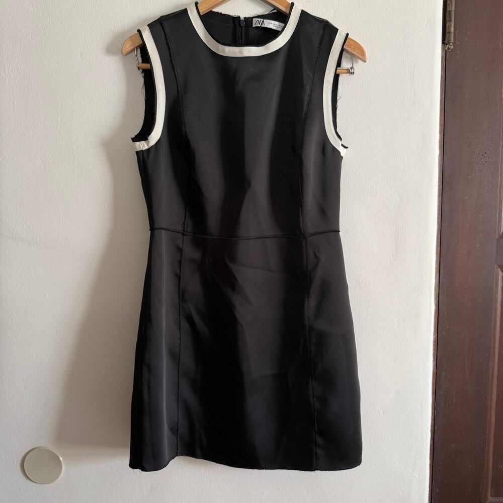 ZARA | Black Satin Grosgrain Trimmed Sheath Mini Cocktail Dress | Medium